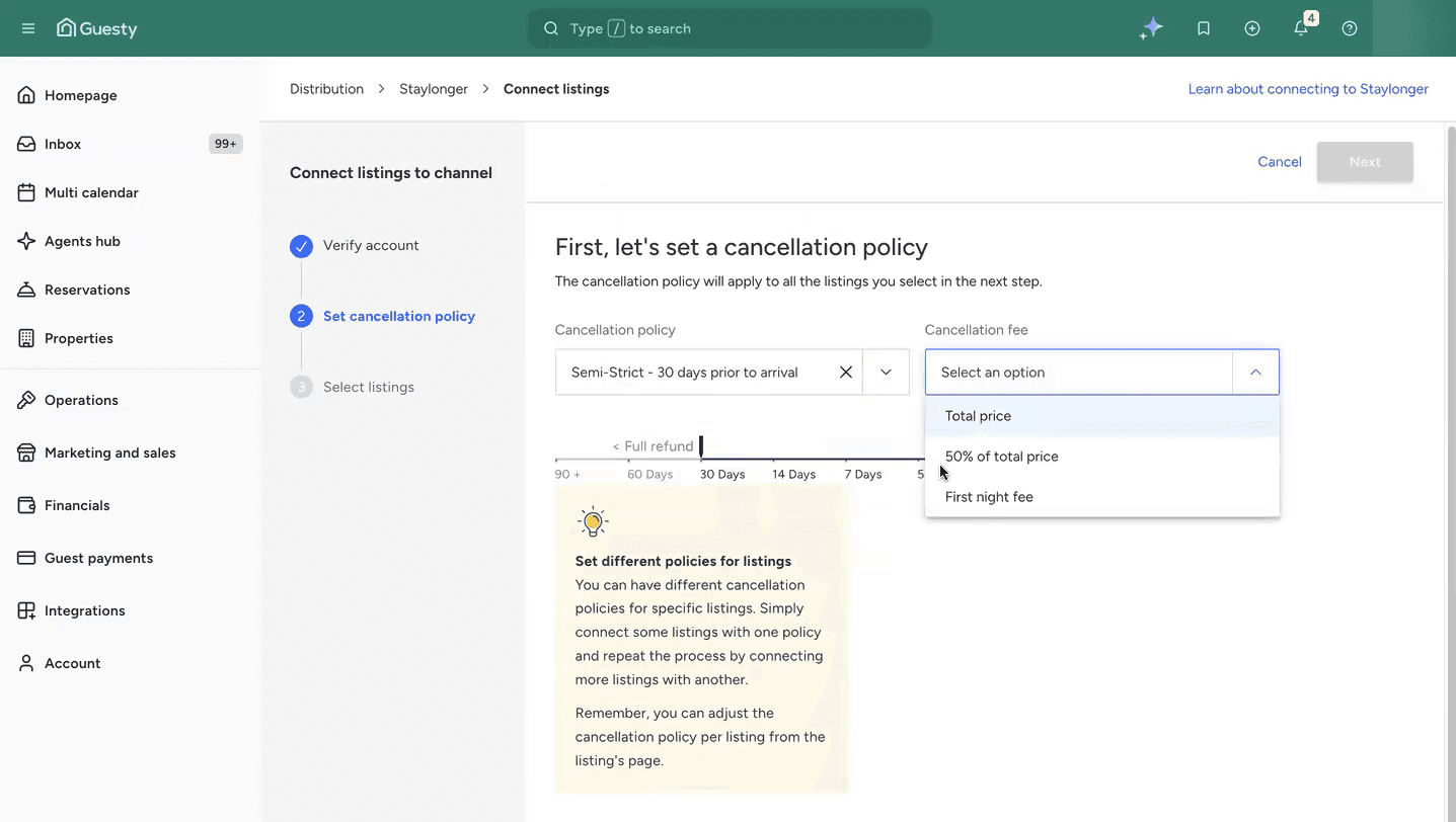 Set your cancellation policy in the connection wizard.