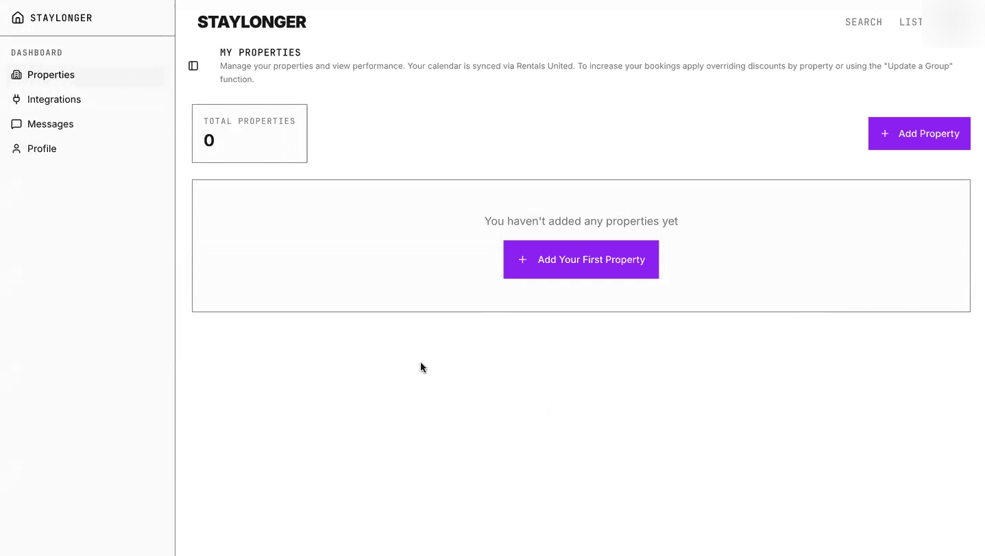 Add Your First Property from the Staylonger dashboard.