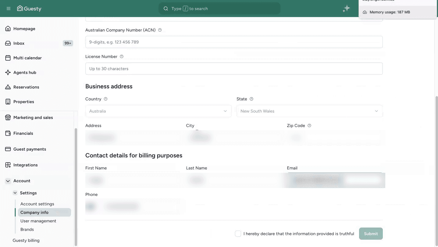 Company info in Guesty — use the billing contact email.
