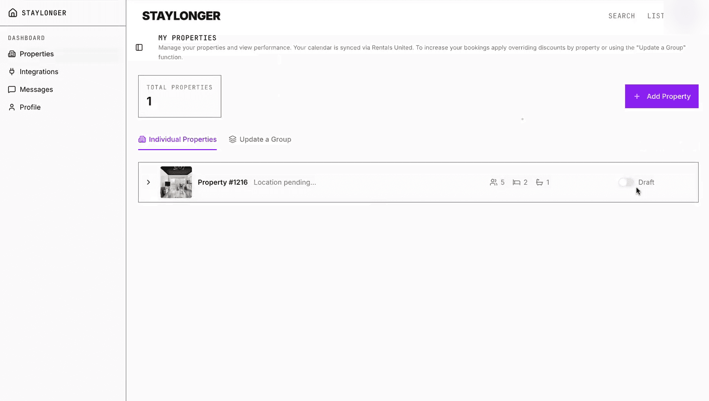 The Draft/Published toggle on the Properties page.