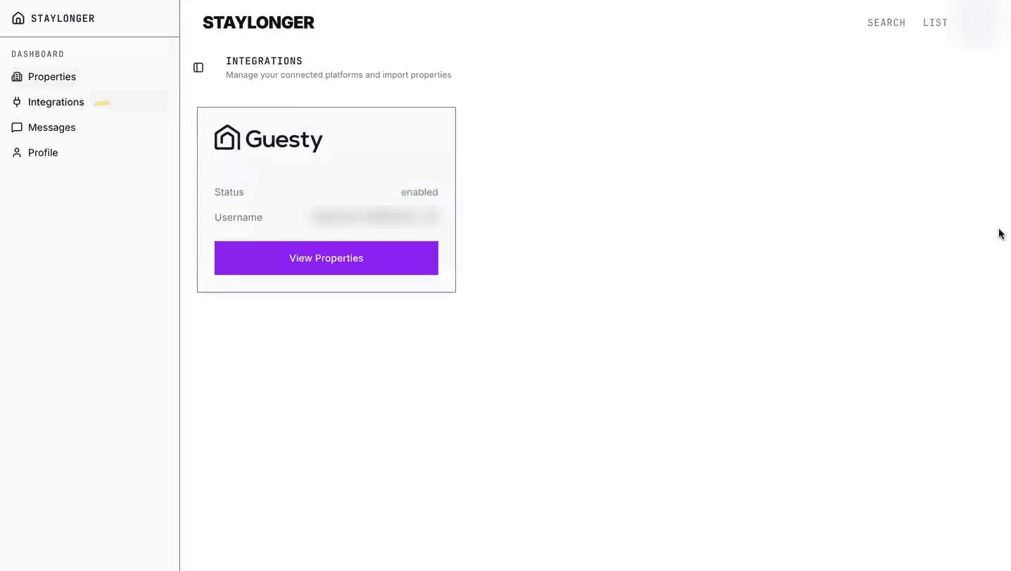 The Integrations page shows your Guesty connection status.