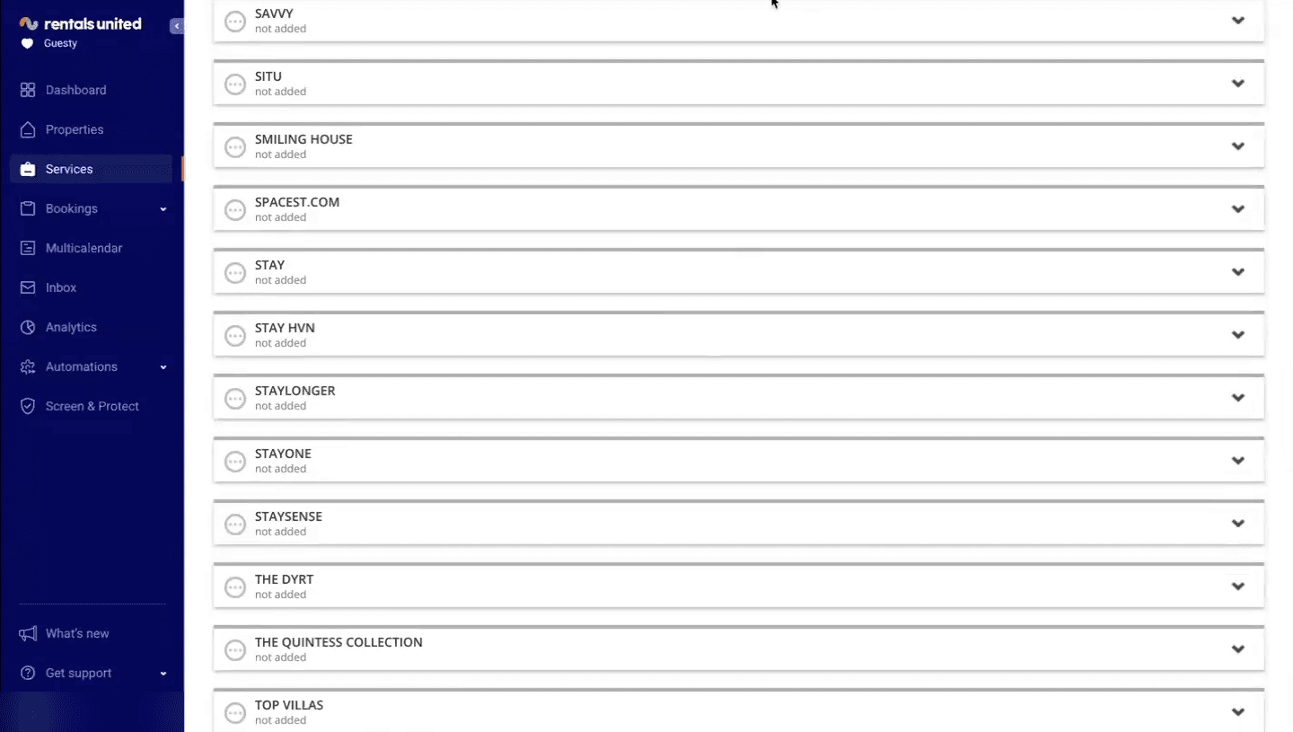 The Services list in Rentals United — find STAYLONGER.