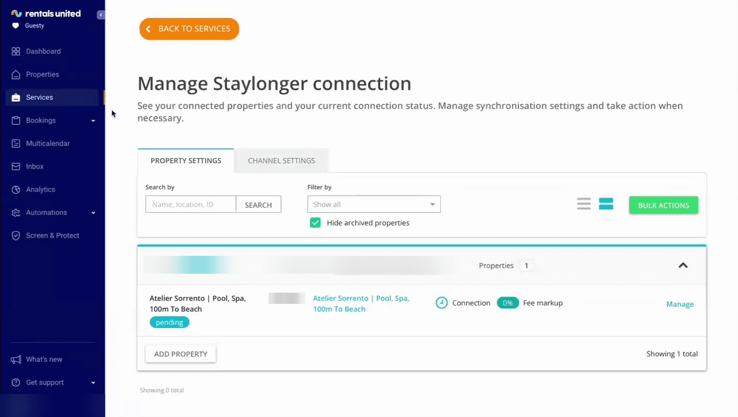Manage Staylonger connection — connection status per property.