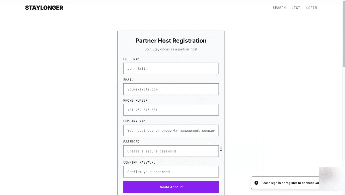 Partner Host Registration on staylonger.com.au.