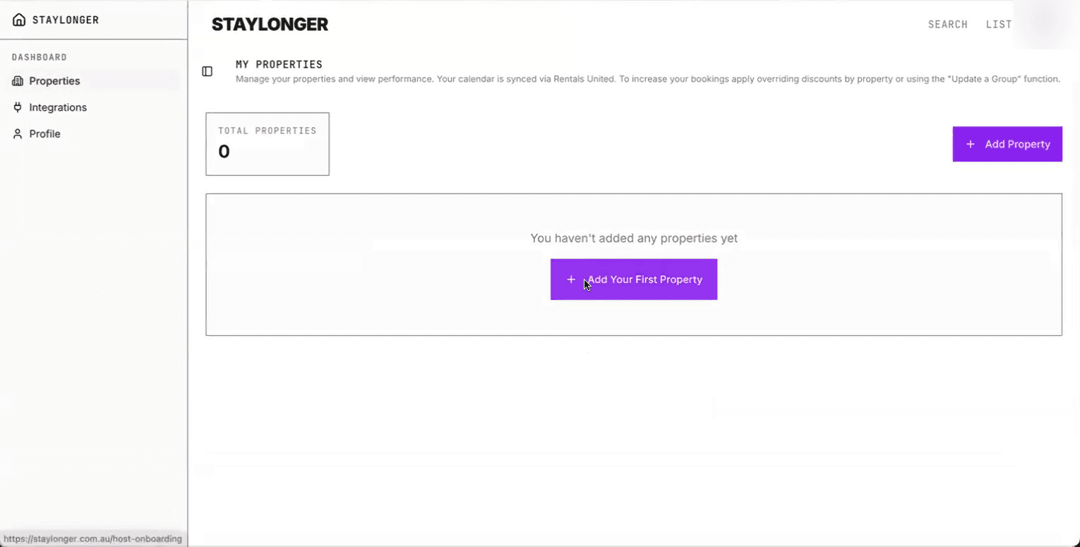 Add Your First Property from the Staylonger dashboard.