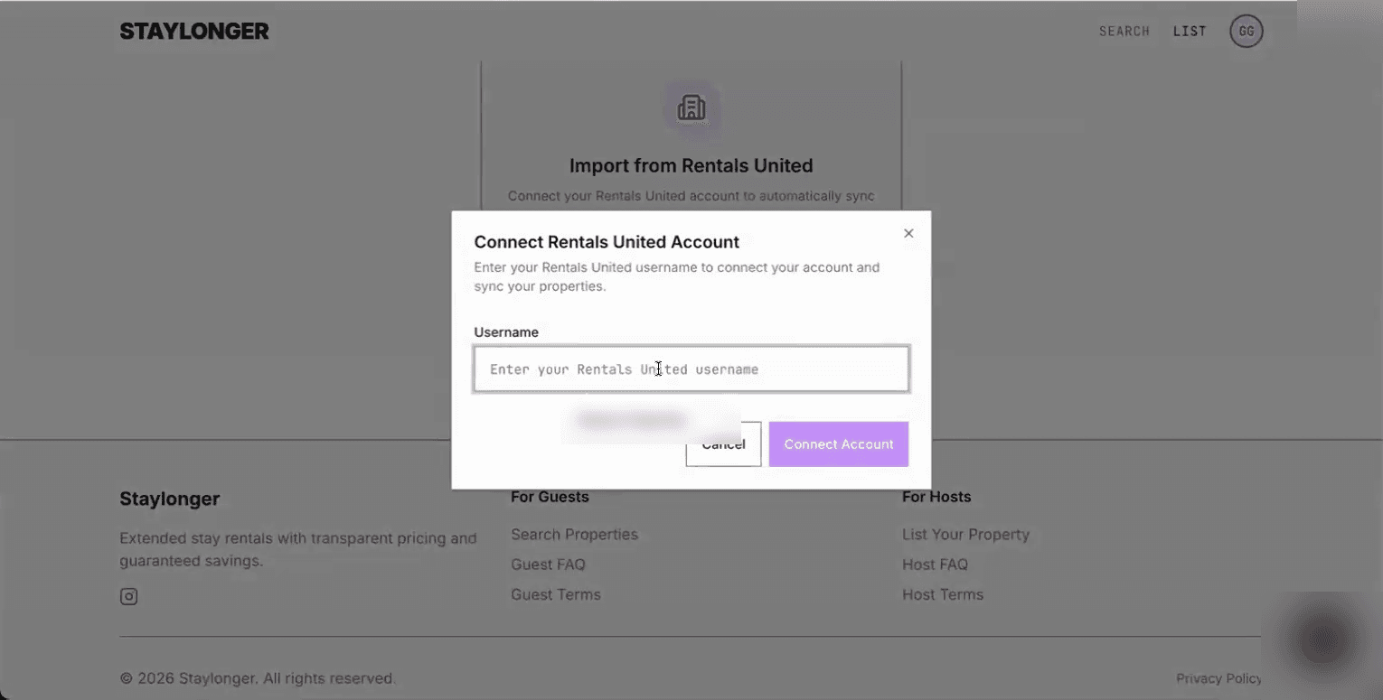 Connect Rentals United Account — enter your RU username.