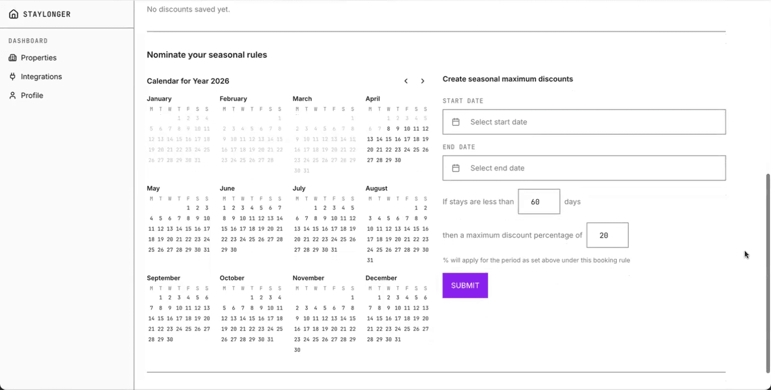 Seasonal rules — set a maximum discount for chosen dates.