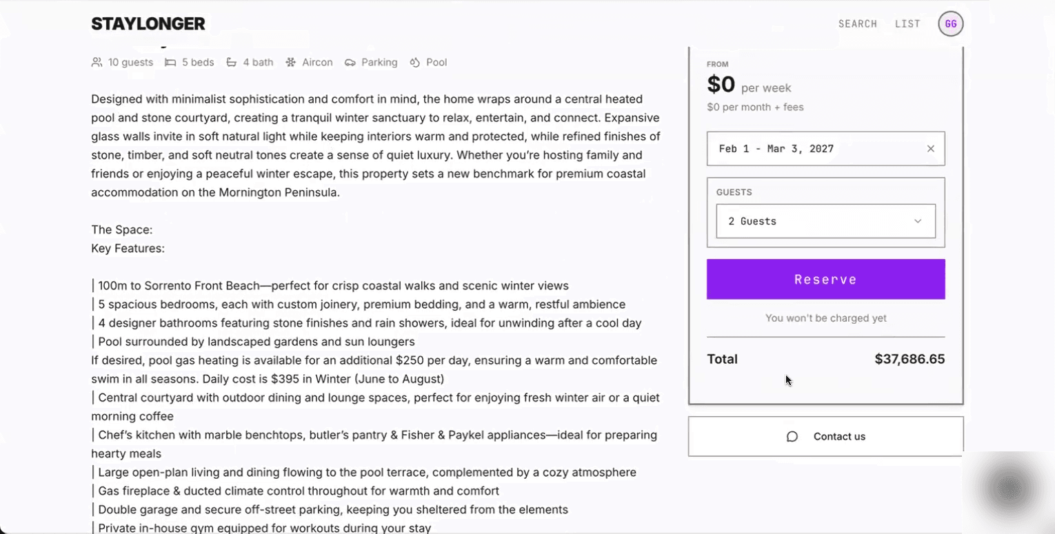 The live listing page with a quote for a 30+ night stay.