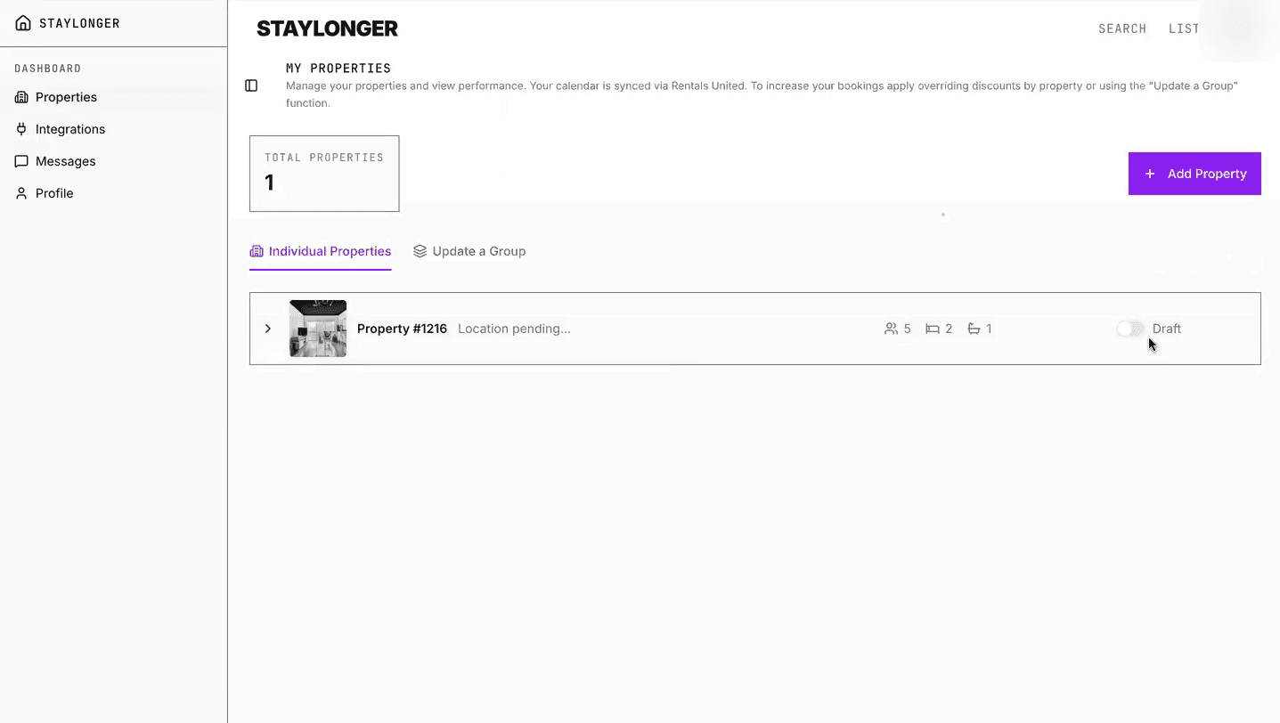 The Draft/Published toggle on the Properties page.
