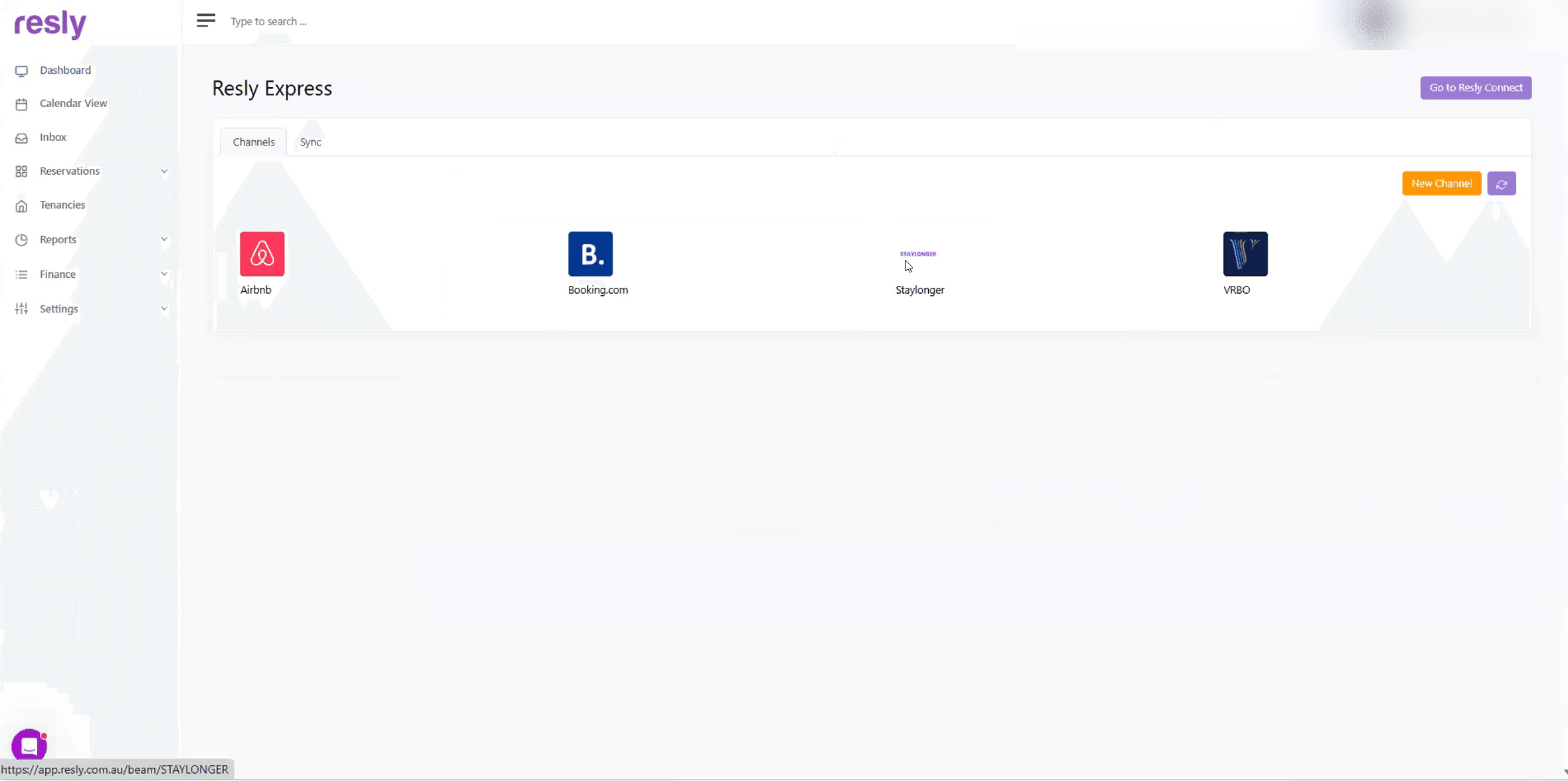 Resly Express → Channels — Staylonger appears as a channel tile.