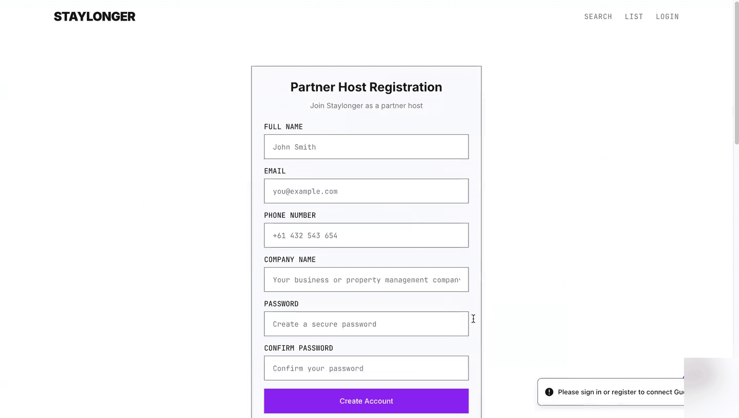 Partner Host Registration on staylonger.com.au.