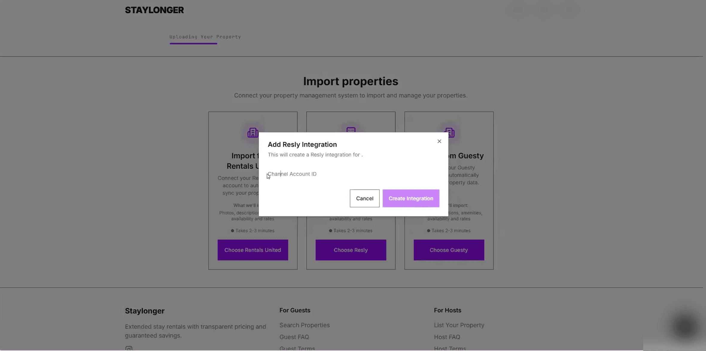 Add Resly Integration — enter your channel account ID.