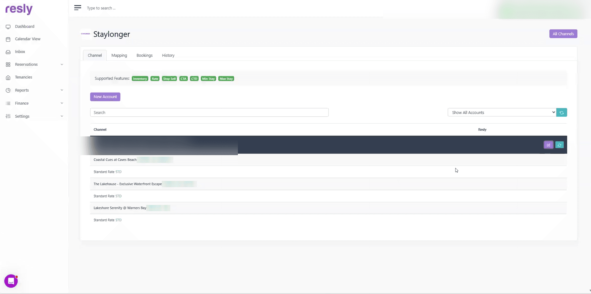 The Staylonger channel in Resly after the account is added.