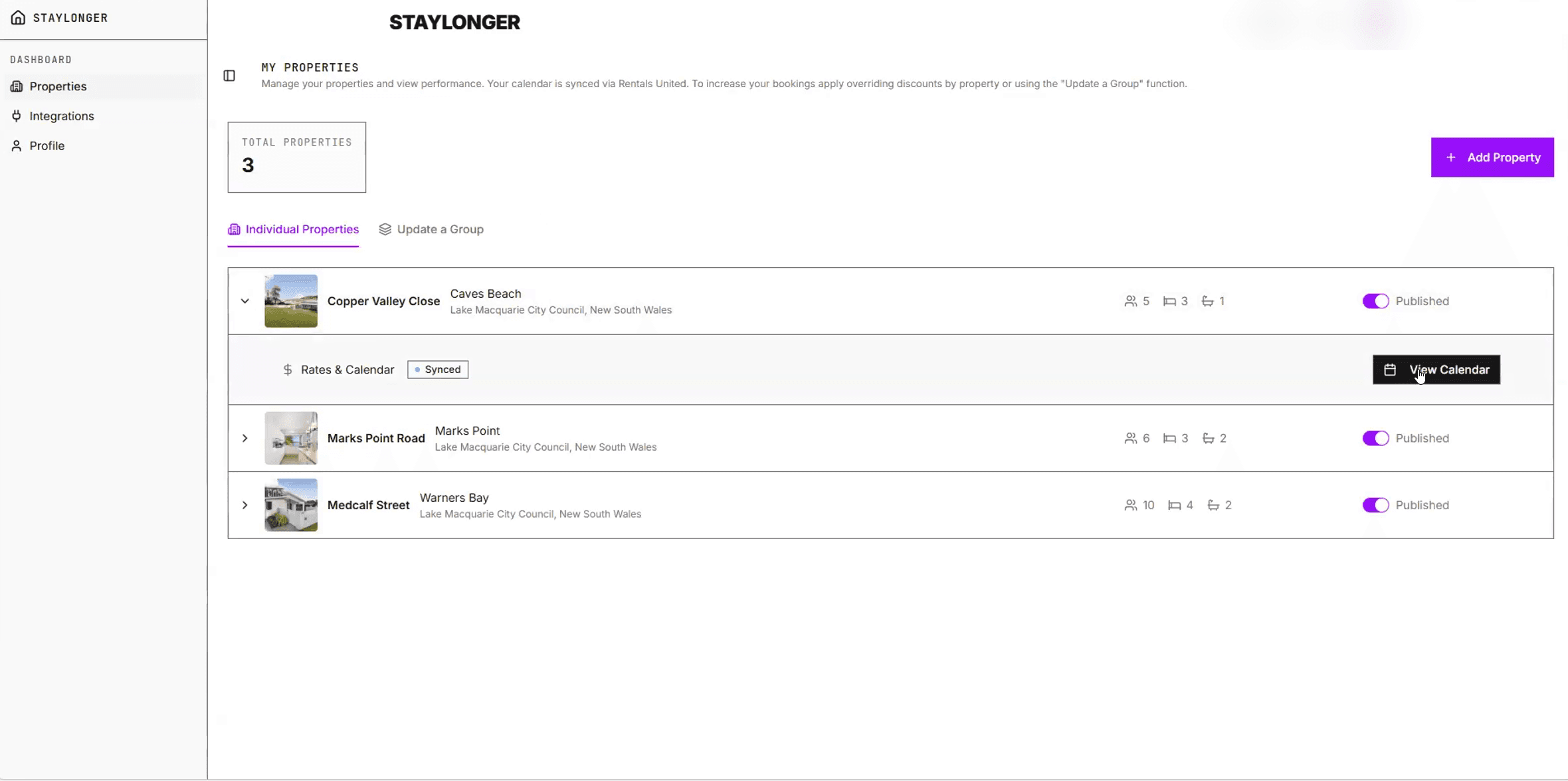 Expand a property and click View Calendar.